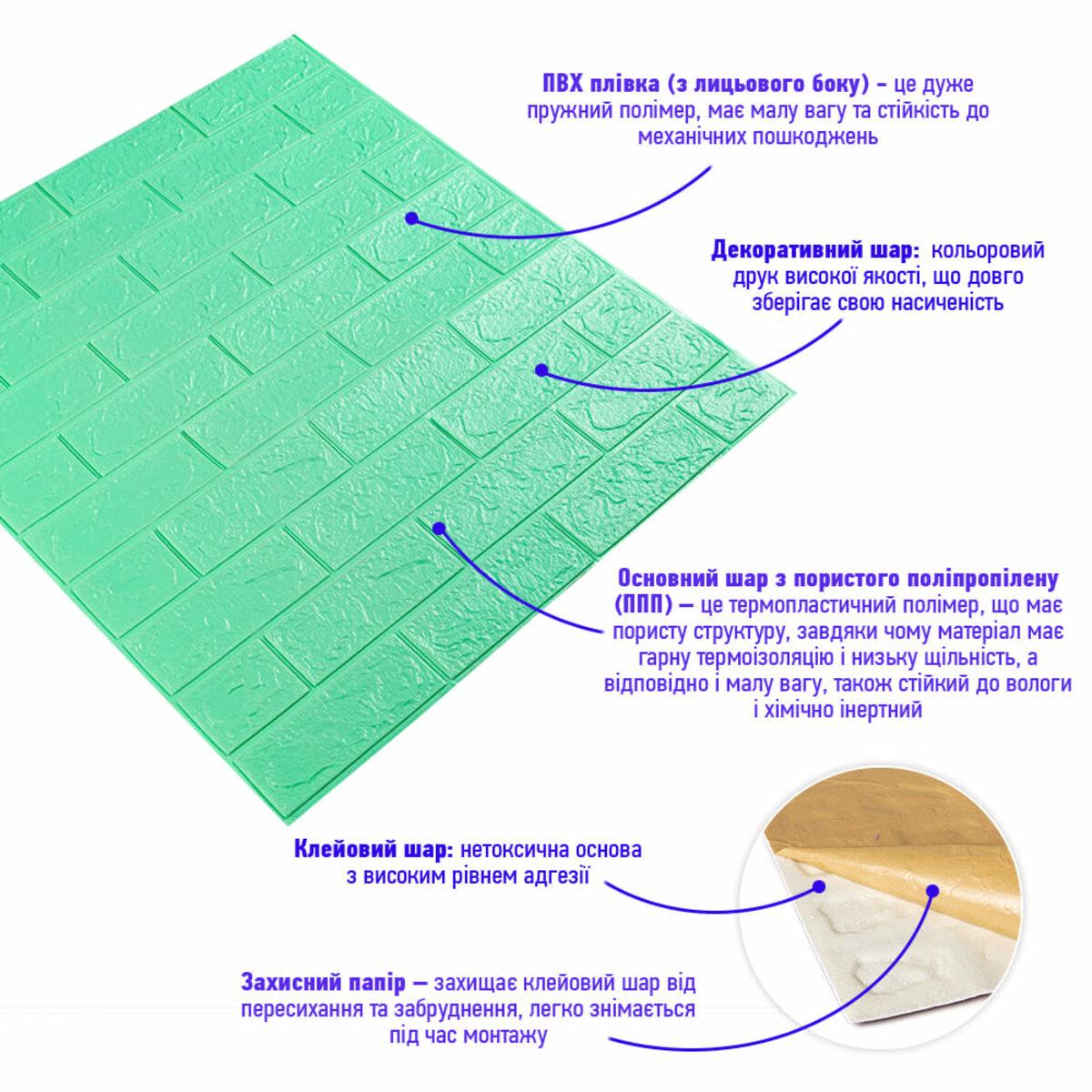 Моющиеся декоративные 3д панели для стен Кирпич 700х770х3мм Самоклеящиеся ПВХ 3 D панели цвет Мятный - фото 2 - id-p2133628916