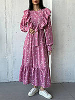 Цветочное длинное платье с расклешенной юбкой и рюшами на плечах (р. 42-52) 2035601