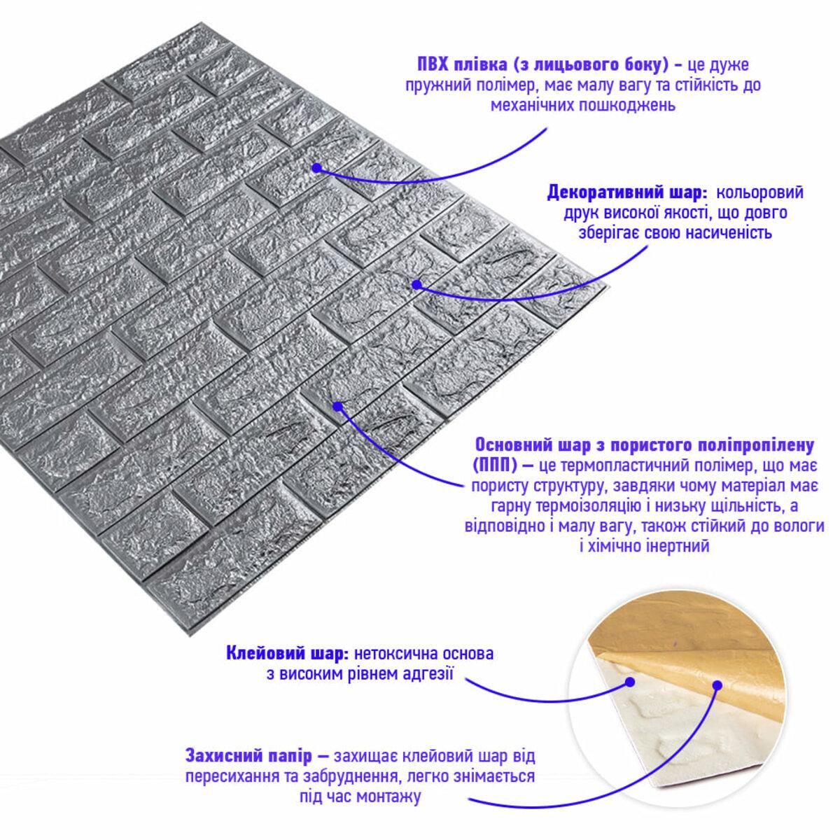 Моющиеся декоративные 3д панели для стен Кирпич 700х770х7мм Самоклеящиеся ПВХ 3 D панели цвет Серебро - фото 2 - id-p2133628973