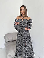Жіноча літня сукня міді софт у дрібний квітковий принт (Розміри 42, 44, 46, 48), Чорна