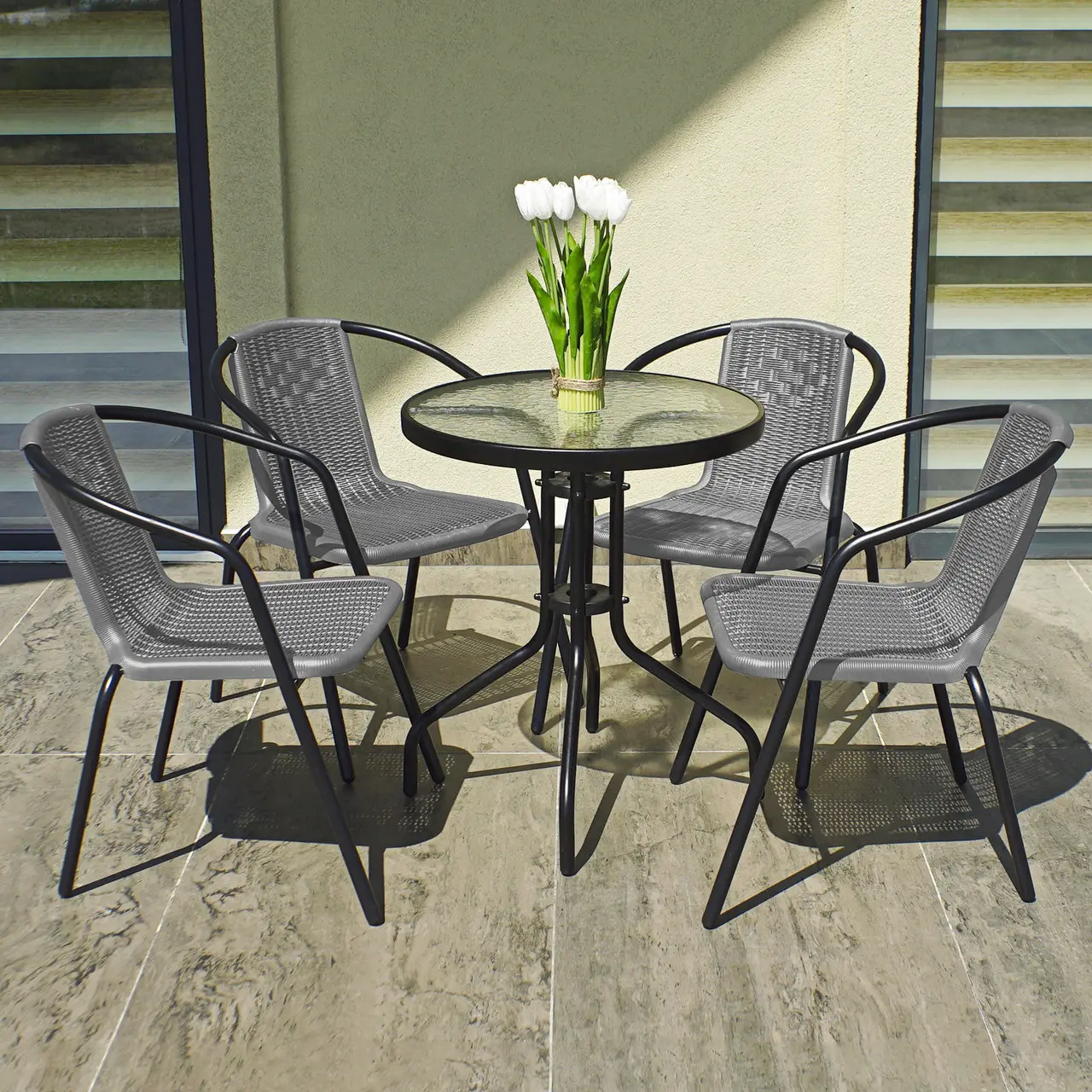 Комплект садових меблів з круглим столом та чотирма стільцями 4Points Bari-4 на дачу для саду для кафе тераси Сірий