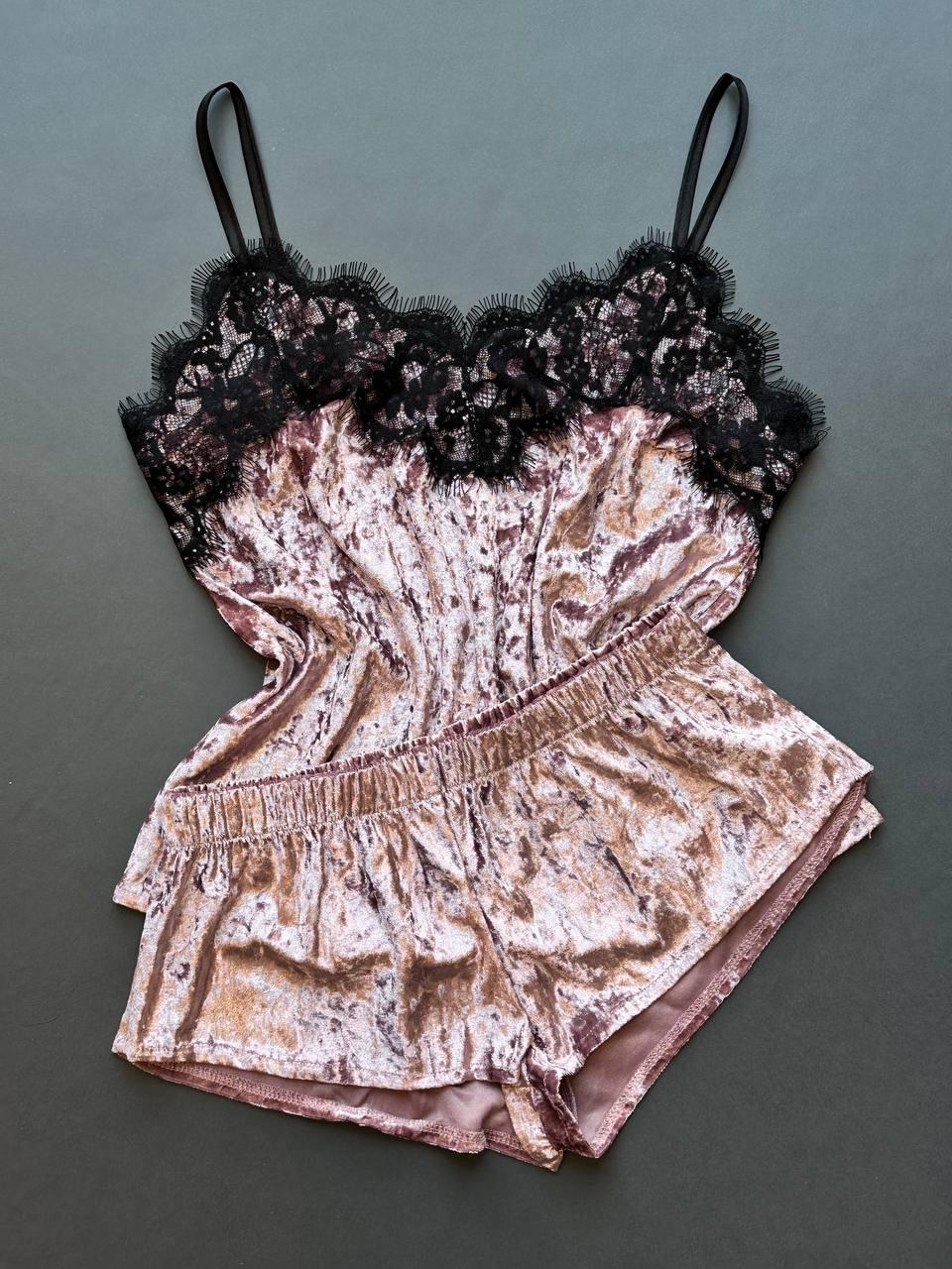 Комплект велюровий з мереживом майка + шорти