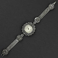 Женские часы винтажные овальные кварцевые бижутерный сплав металл в серебристом цвете с стразами длина 19 см