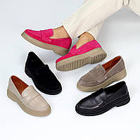 Натуральні жіночі весняні туфлі на низькому ходу, зручні повсякденні, стильні яскраві лофери. купити недорого