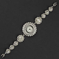 Женские часы винтажные круглые кварцевые бижутерный сплав металл серебристые с кристаллами длина 19 см