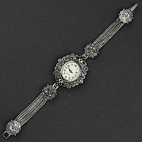 Женские часы винтажные овальные кварцевые бижутерный сплав металл серебристые с кристаллами длина 19 см