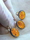 Срібний комплект сережки кільце янтарний, фото 2