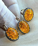 Срібний комплект сережки кільце янтарний, фото 4