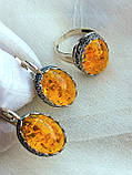 Срібний комплект сережки кільце янтарний, фото 3