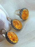 Срібний комплект сережки кільце янтарний, фото 6