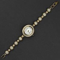 Женские часы винтажные овальные бижутерный сплав металл золотистые с белыми кристаллами длина 19 см