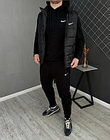 Мужской чёрный спортивный костюм Nike весенний-осенний, Молодёжный чёрный комплект Найк 3в1 Жилетка+Худи trek