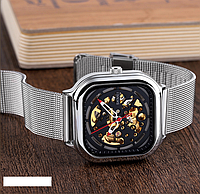 Механические часы мужские скелетоны WR 30М, наручные часы Skmei 9184SI Silver, квадратные часы серебрянные