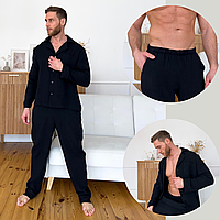 Мужская летняя пижама из натуральной ткани муслин рубашка и штаны Estet Черная