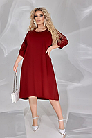 Платье нарядное бордовое с гипюром А-силуэт миди классическое большого размера 50-60. 105906