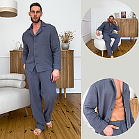 Мужская летняя пижама из натуральной ткани муслин рубашка и штаны Estet Темно-серая