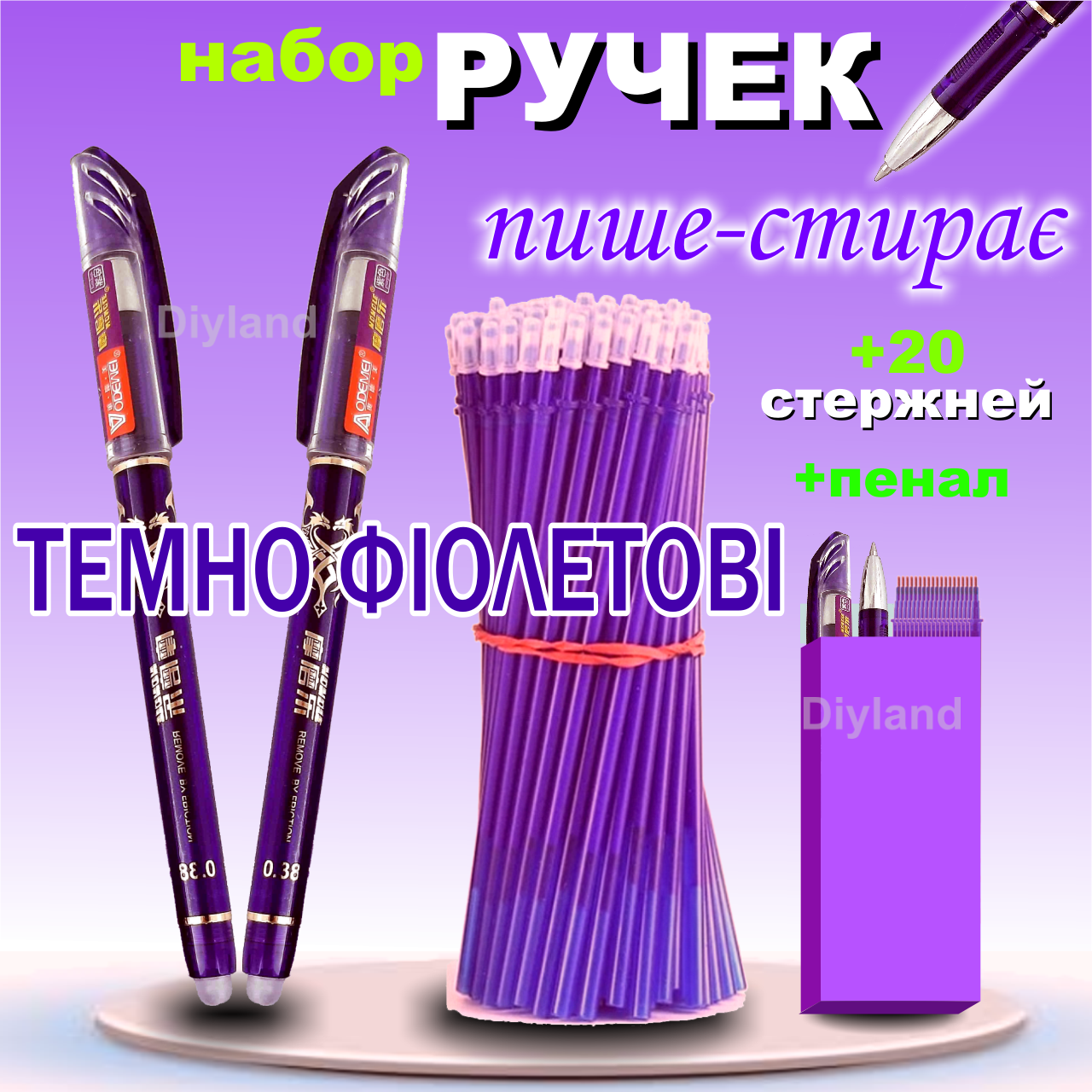 Стирающая ручка пиши стирай 2шт + 20шт стержней фиолетовая гелевая ручка стирачка, набор ручек в пенале - фото 1 - id-p1203299964