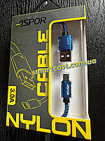 Кабель Usb Micro Usb Aspor A173 Nylon 3A 0.3m orig 100% (круглый, тканевый шнур) Black/blue
