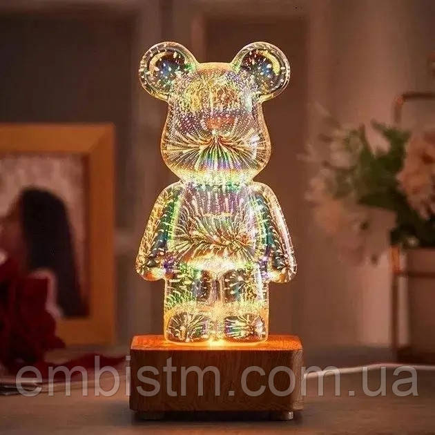 3D нічник Bearbrick Ведмедик з ефектом Феєрверк скляний RGB 8 кольорів Проєкційний світильник ведмедик