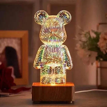3D нічник Bearbrick Ведмедик з ефектом Феєрверк скляний RGB 8 кольорів Проєкційний світильник ведмедик
