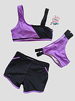 Детский подростковый купальник шорты плавки топ Fuba 7762 черный-фиолетовый 34 36 38 40 42 размер