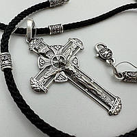 Мужской комплект шелковый шнурок с серебряными вставками и ажурный крест 925 проба чернение