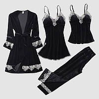 Женский вельветовый набор в черном цвете халат с поясом, пеньюар, майка и штаны для сна