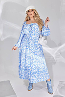 Платье весеннее голубое с белым принтом длинное расклешенное с декольте большого размера 50-64. 105862