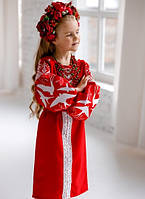 Вишиванка для дівчинки вишите плаття, сукня Ластівка ЧЕРВОНА 110,122,134,152,158см габардин