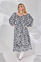 Плаття весняне чорне з білим принтом довге розкльошене з декольте великого розміру 50-64. 105863