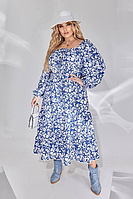 Платье весеннее синее с белым принтом длинное расклешенное с декольте большого размера 50-64. 105865