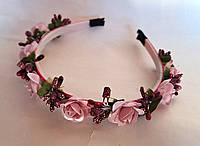 Обруч веночек Handmade розовые цветы и бордовые ягодки (ВО-291/5)