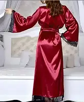 Бордовий жіночий довгий халат з мереживом із стрейчевого атласу