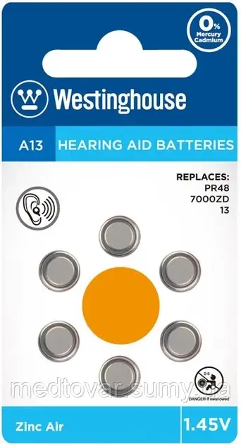 Повітряно-цинкові батарейки Westinghouse для слухових апаратів А13 1.45 В 6 шт.