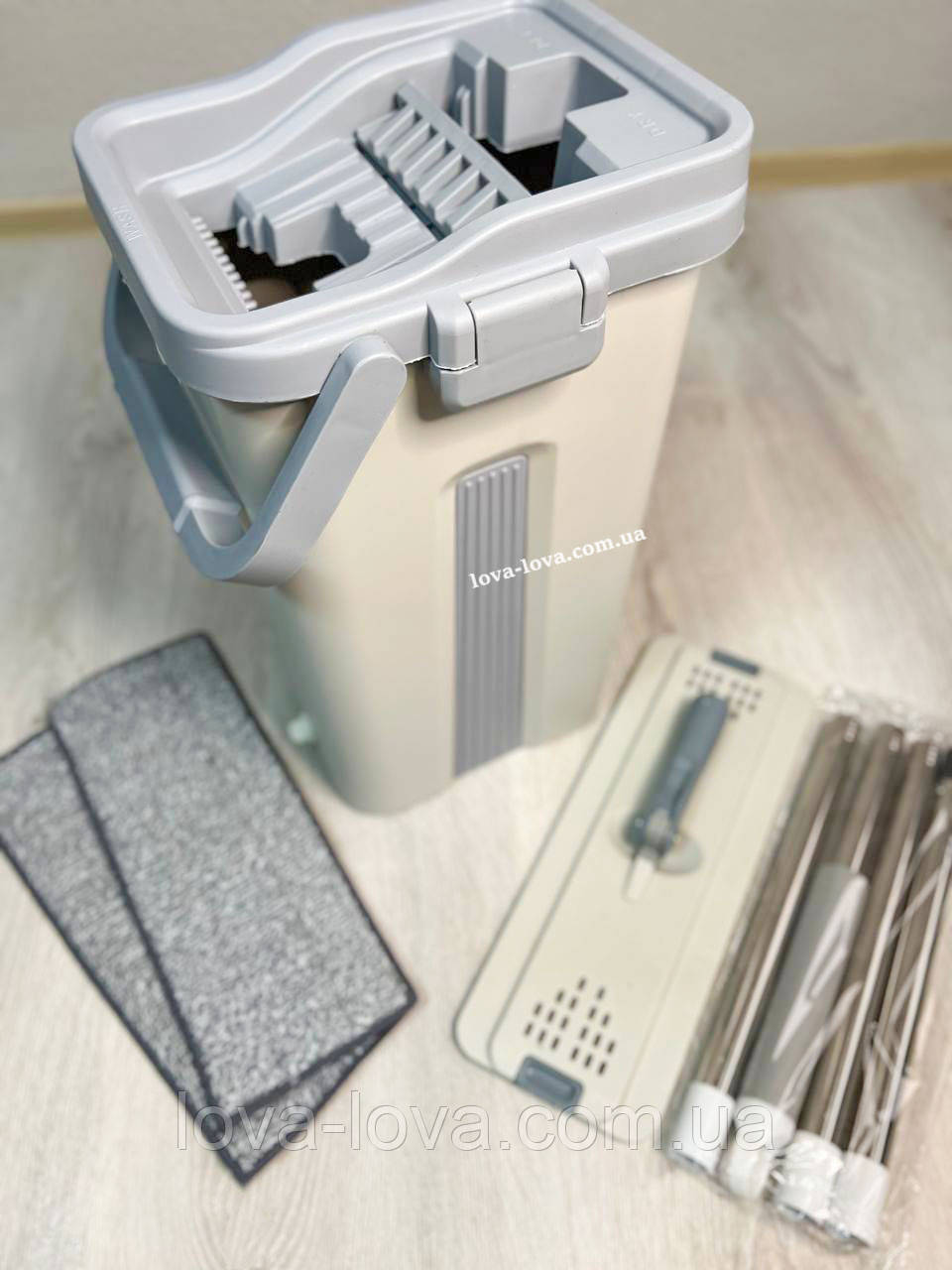 Комплект для прибирання підлоги Scratch Anet швабра з відром з автоматичним віджиманням і складаною ручкою молочно-сіра