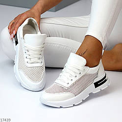 Білі літні жіночі шкіряні кросівки натуральна шкіра + текстильна сітка літо 2024