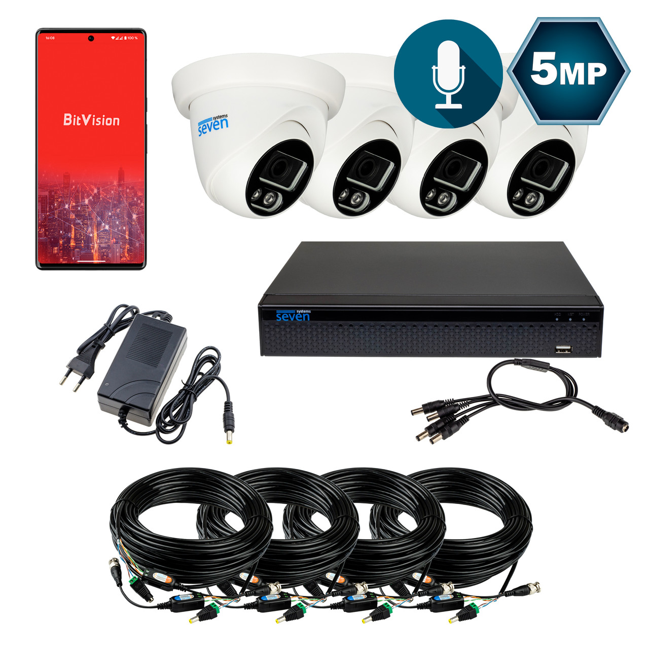 Комплект відеоспостереження на 4 купольні 5 Мп аналогові камери SEVEN KS-7614OW-5MP