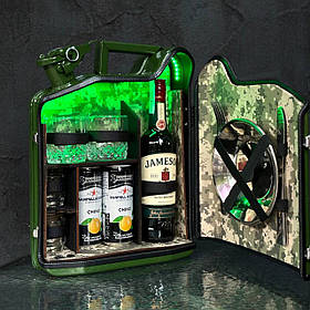 Каністра бар 10 л у зеленому кольорі з посудом, подарунок до дня захисника України