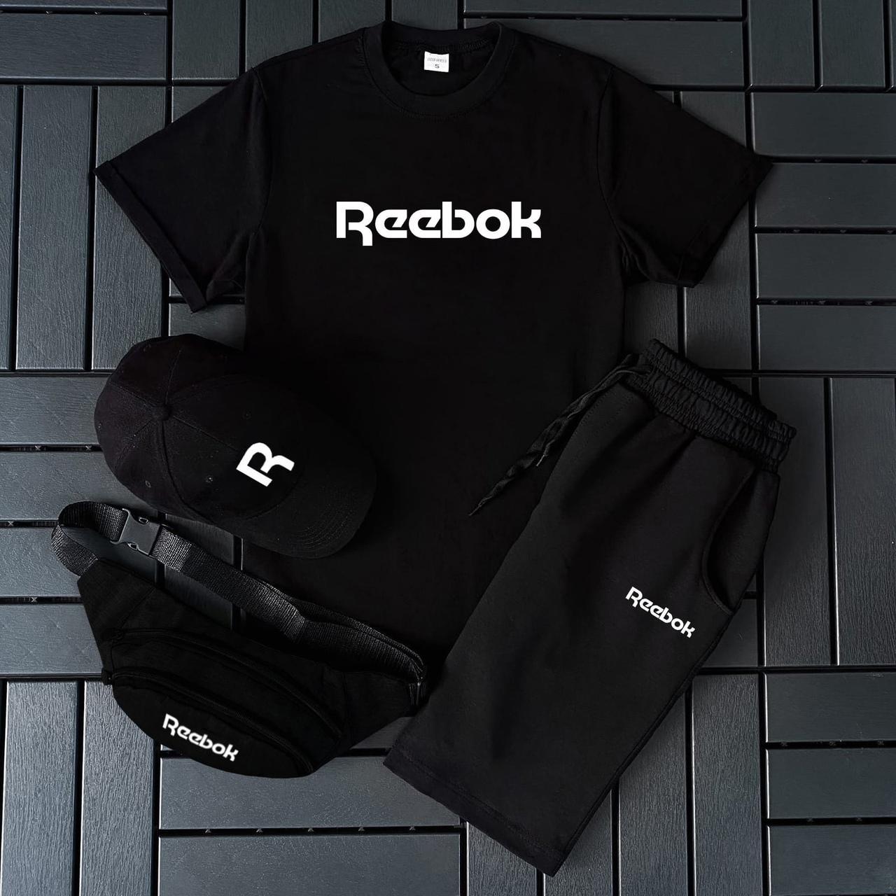 Чоловічий літній костюм Reebok Футболка+Шорти+Кепка+Барсетка у подарунок чорний Комплект Рібок