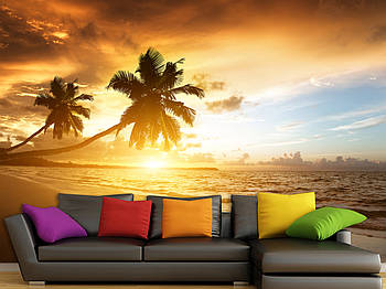 Пейзажні флізелінові фотошпалери  на стіну "Захід сонця на пляжі", Фото шпалери для спальні