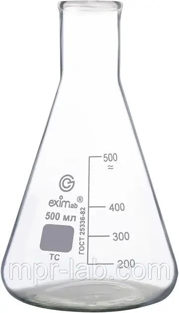 Колба мірна скляна 500 мл з широким горлом та друкованою шкалою. Україна
