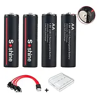 Аккумуляторные батарейки AA Soshine 2600mAh с разъемом Type-C 4шт с кабелем и боксом