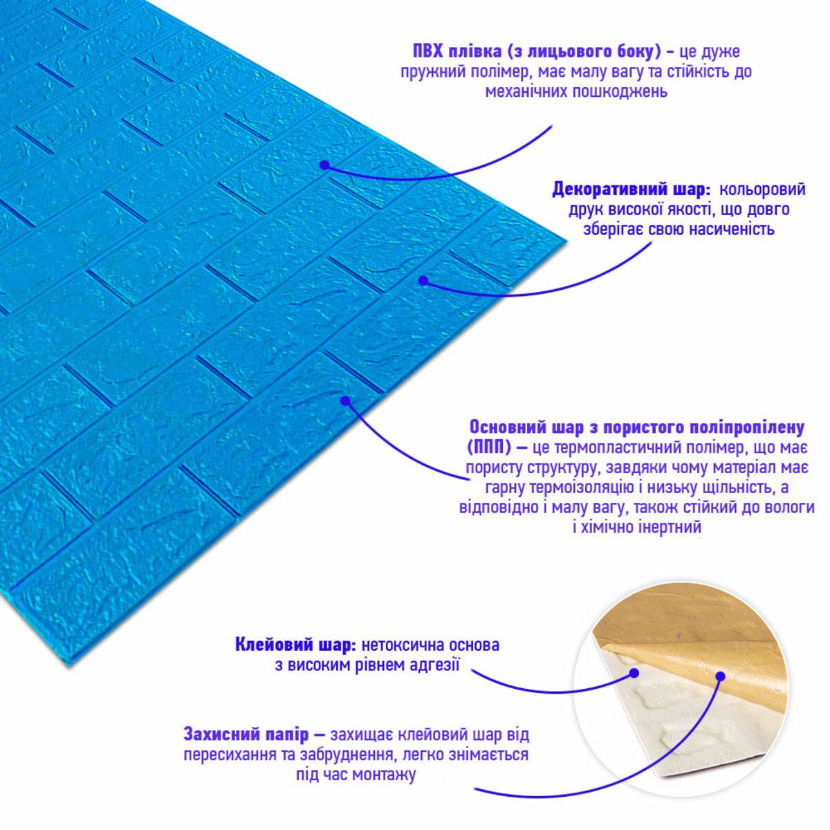 Декоративні 3д панелі для стін в рулоні що миються синя цегла 19600x700x3мм Самоклеючі ПВХ 3 D панелі - фото 3 - id-p2133630937