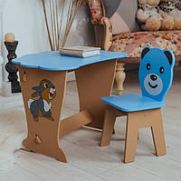 Столик крышка и стульчик синий детский медвежонок. Для игры, рисования, учебы.