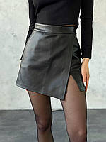 Женская юбка-шорты из эко-кожи, с высокой талией, черная