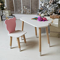 Детский белый стол тучка и стул мишка розовый. Детский столик белоснежный.
