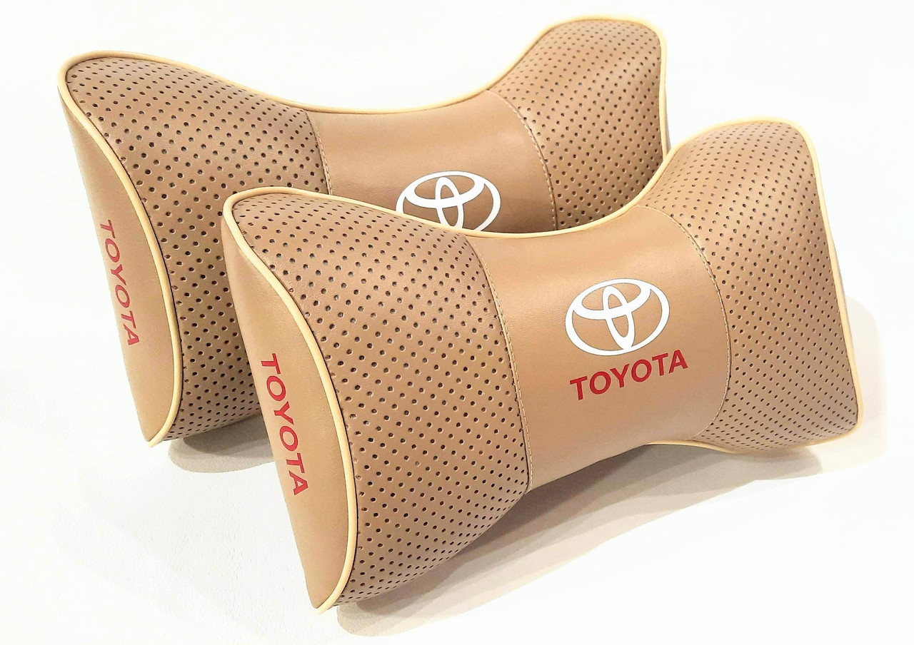 Подушка на підголівник авто з логотипом Toyota бежева 1 шт