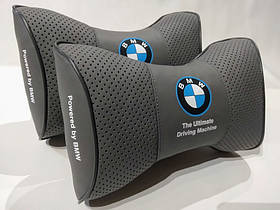 Подушка на підголовник в авто з логотипом BMW сіра 1 шт