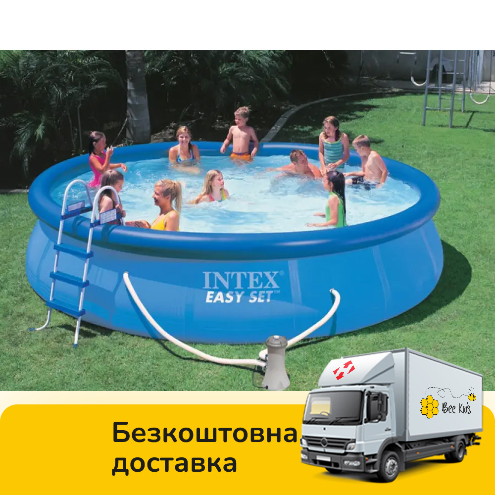 Надувний безкаркасний круглий басейн Intex 26168 (457-122см, фільтр-насос, сходи, підстилка, тент) Синій, фото 1