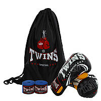 Боксерский набор 3в1 (перчатки, бинты, сумка-мешок) Twins искусственная кожа Черно-желтый 10 oz (BO-9943)